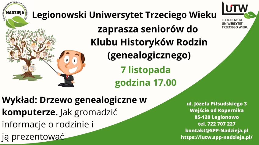 plakat informujący o wykładzie Genealogia - Legionowski Klub Historyków Rodzin
