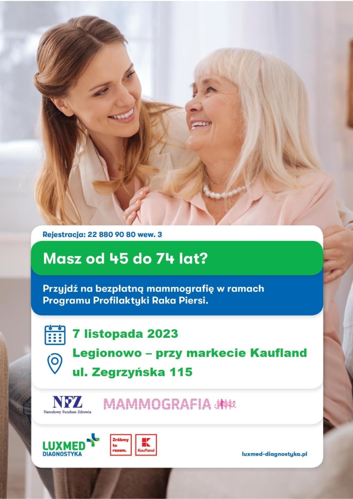 Plakat informujący o badaniach mammograficznych.