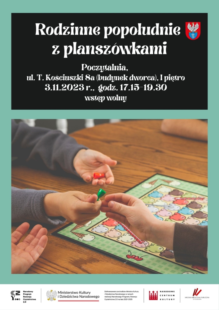 Plakat informujący o rodzinnym popołudniu z planszówkami.