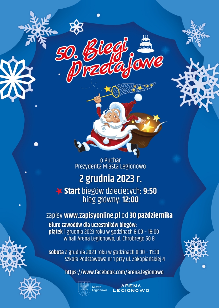 Plakat promujący Mikołajkowe 50. Biegi Przełajowe.