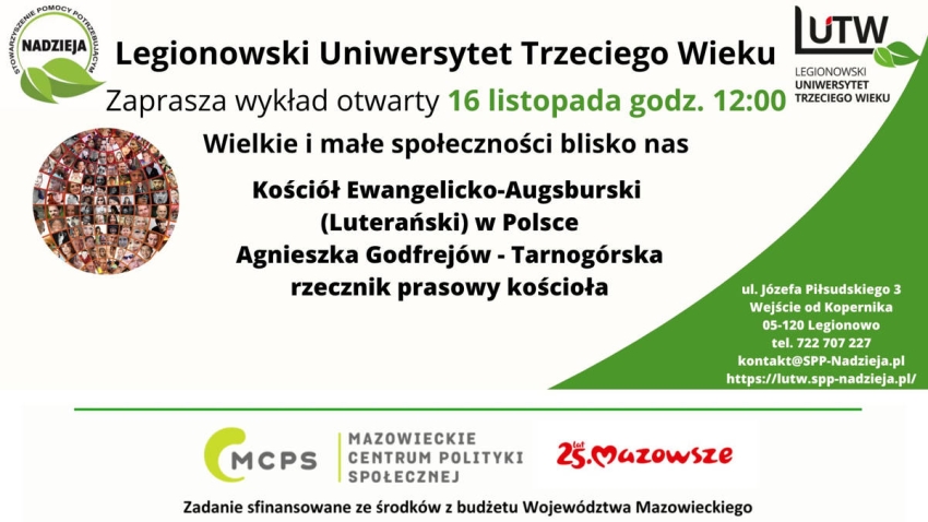 Plakat o wykładzie otwartym legionowskiego UTW.