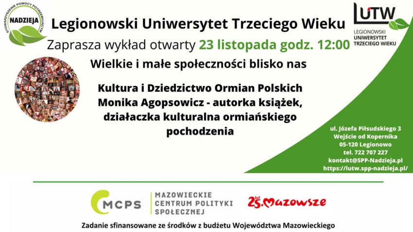 Plakat informujący o wykładzie otwartym legionowskiego UTW.