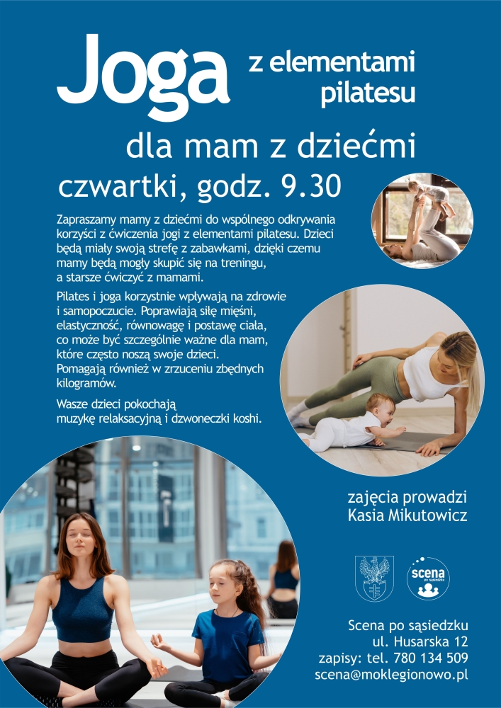 Plakat informujący o jodze dla mam z dziećmi.