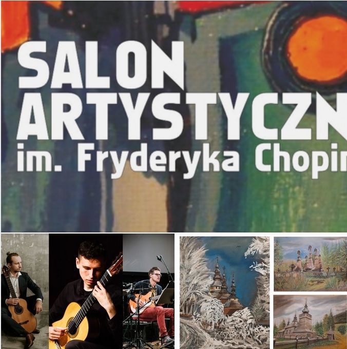Grafika z napisem saon artystyczny, trzech mężczyzn z gitaramim, obrazy Beskid Niski.