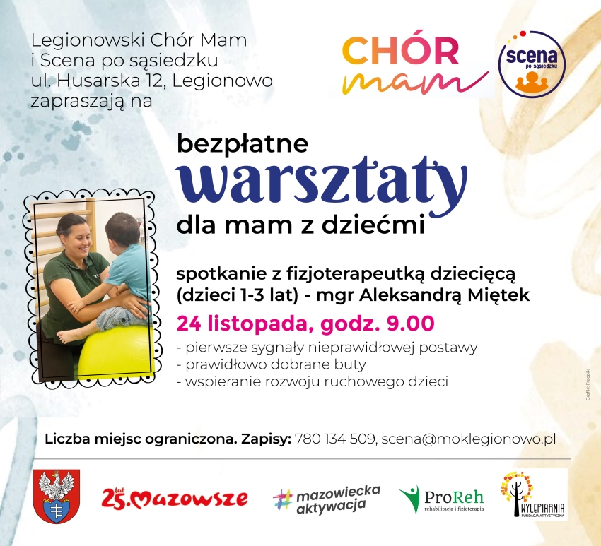 Plakat informujący o warsztatach dla mam z dziećmi.