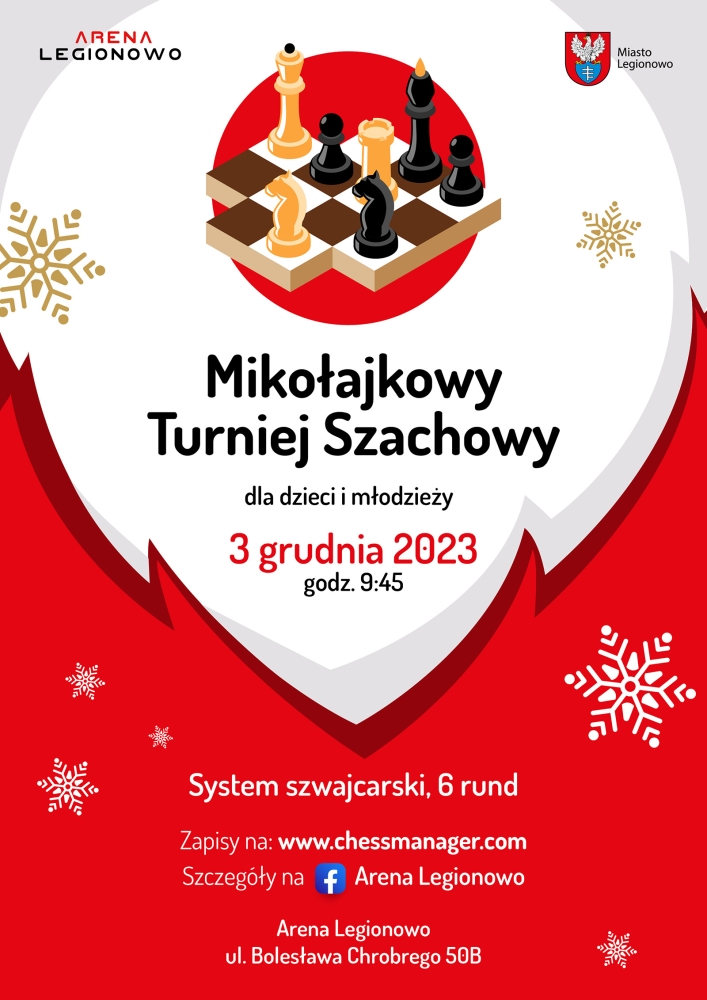 Plakat promujący Mikołajkowy Turniej Szachowy dla dzieci i młodzieży w Legionowie