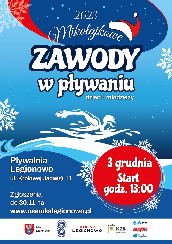 Plakat promujący zawody w pływaniu dzieci i młodzieży w Legionowie