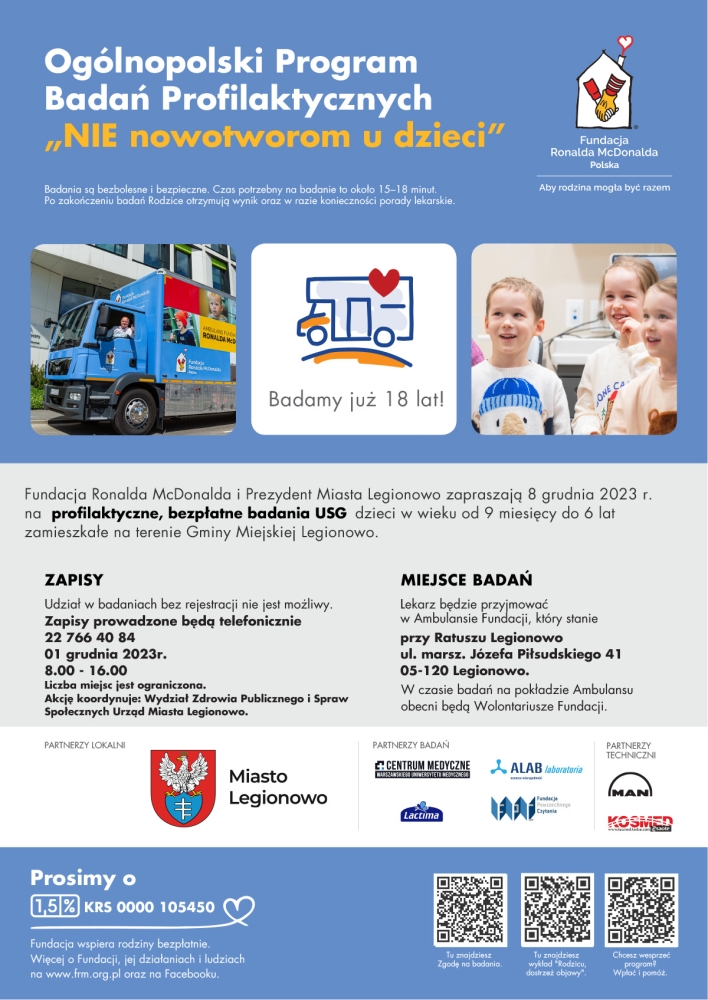 Plakat informujący o bezpłatnych badaniach dzieci - Fundacja Ronalda McDonalda