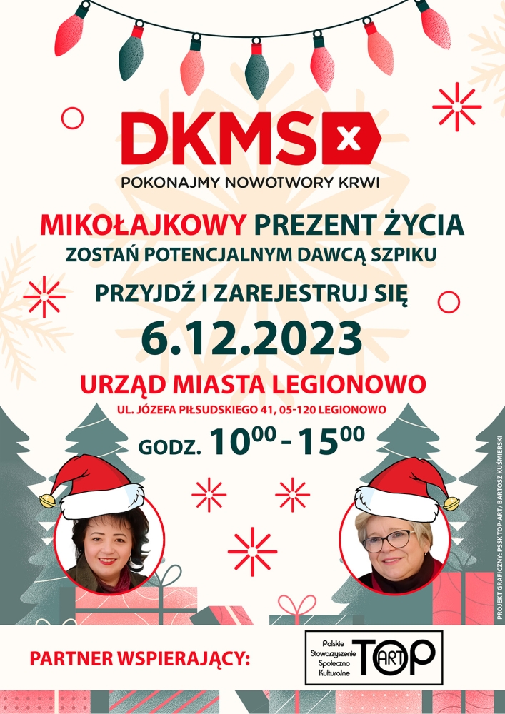 Plakat z akcentami mikołajkowymi i informacją o rejestracji na potencjalnego dawcę szpiku w Legionowie