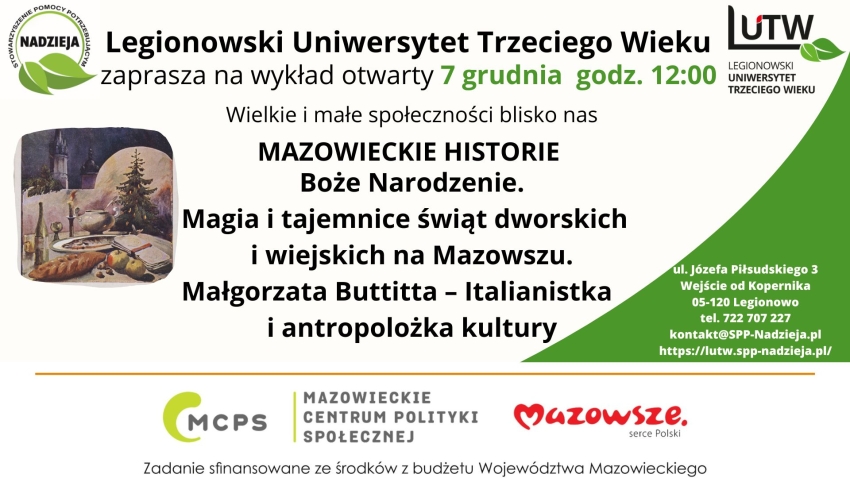 P;akat informujący o wykładzie otwartym magia i tajemnice świąt dworskich i wiejskich na Mazowszu