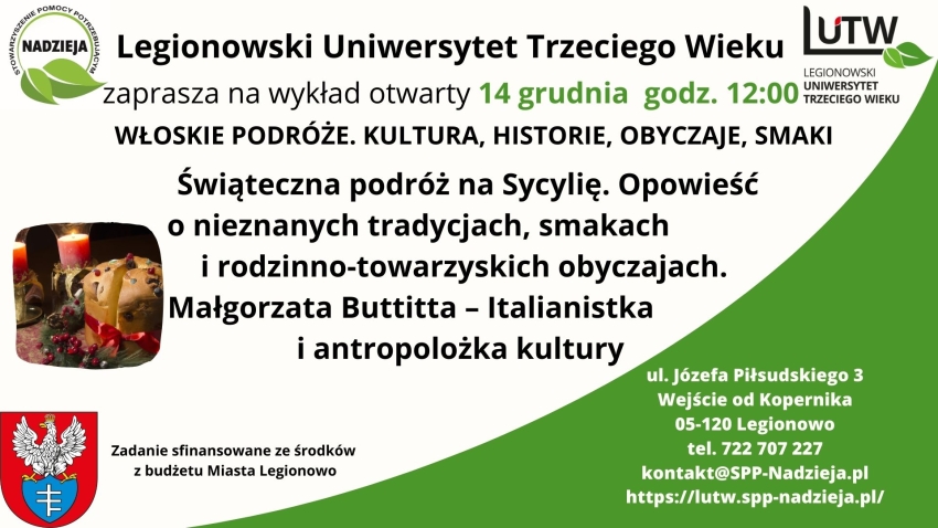 Plakat informujący o wykładzie otwartym świąteczna podróż na Sycylię, opowieść o nieznanych tradycjach, smakach i rodzinno-towarzyskich obyczajach