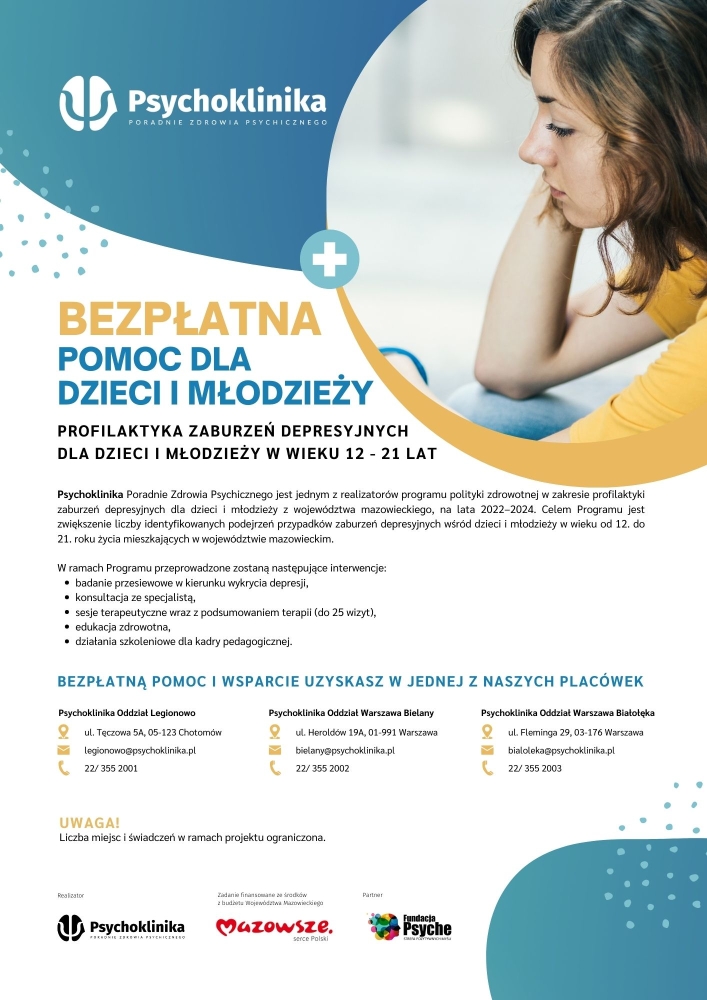 Plakat promocyjny bezpłatnej pomocy dla dzieci i młodzieży