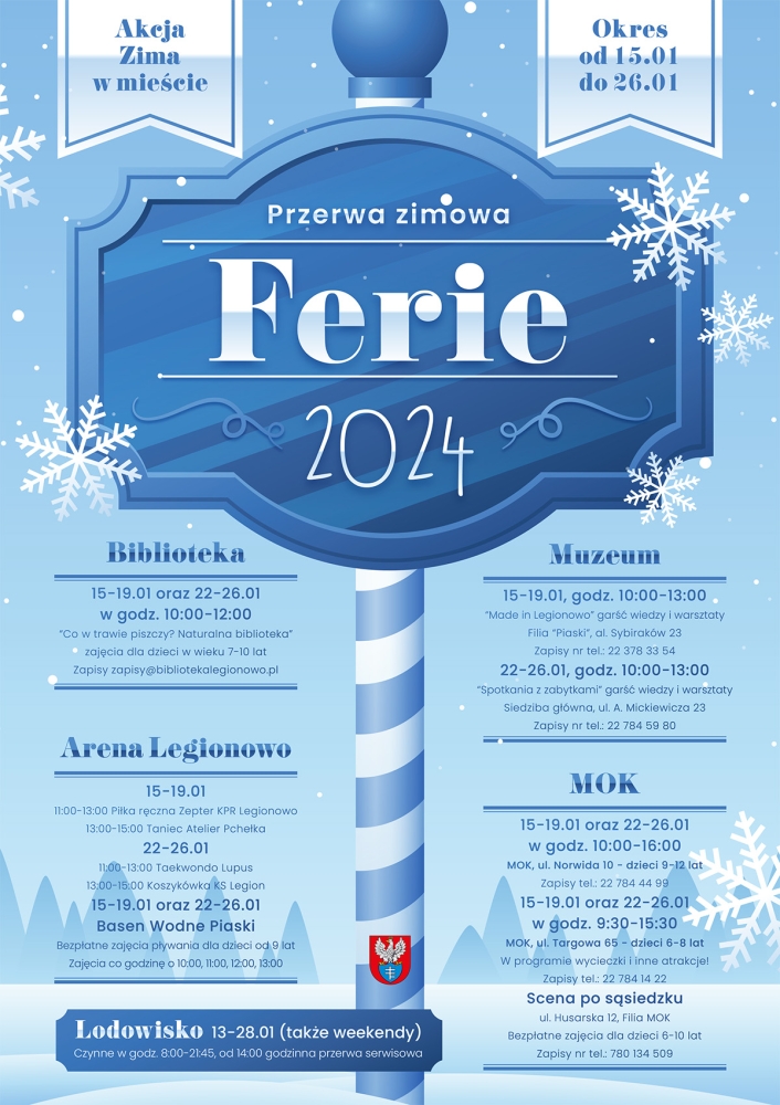 Plakat promujący Ferie 2024 w Legionowie