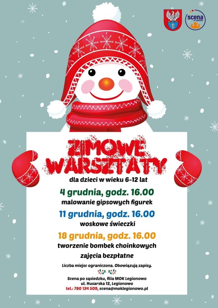Plakat informujący o zimowych warsztatach dla dzieci w wieku 6-12 lat