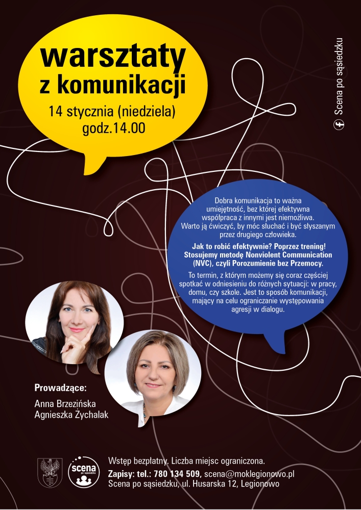 Plakat informujący o bezpłatnym warsztacie z komunikacji.