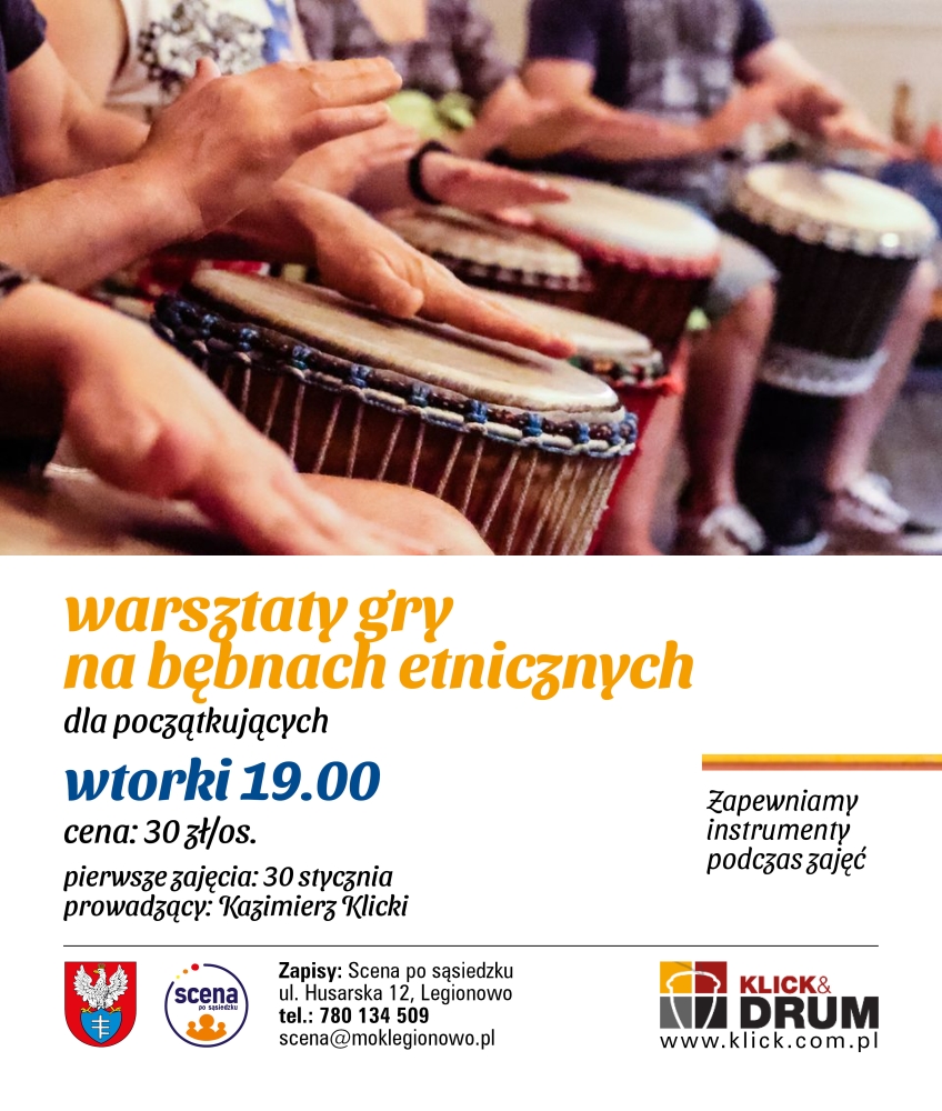 Plakat informujący o warsztatach gry na bębnach etnicznych