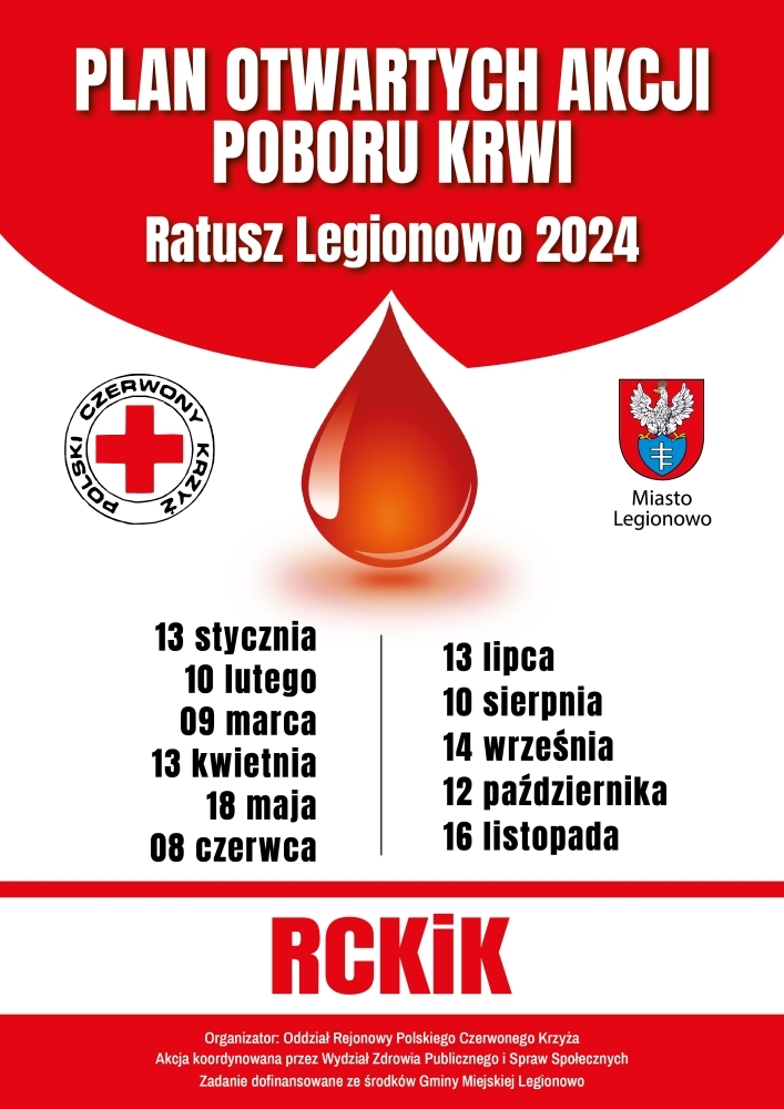 Grafika informująca o poborach krwi w Legionowie
