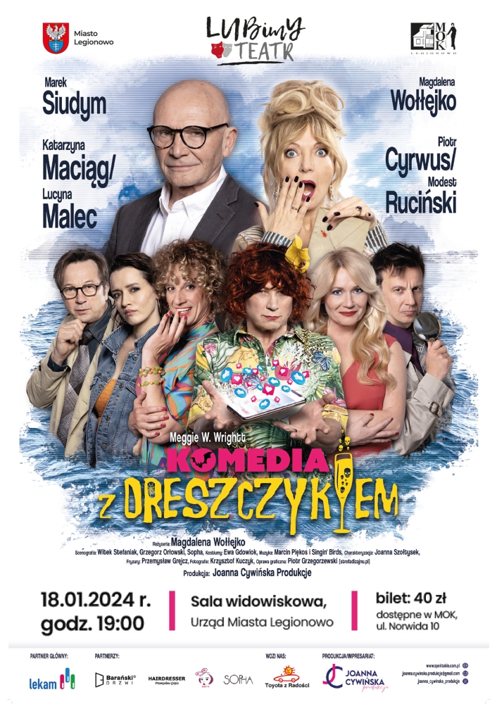 Plakat promujący teatr - Komedia z dreszczykiem; na pierwszym tle aktorzy