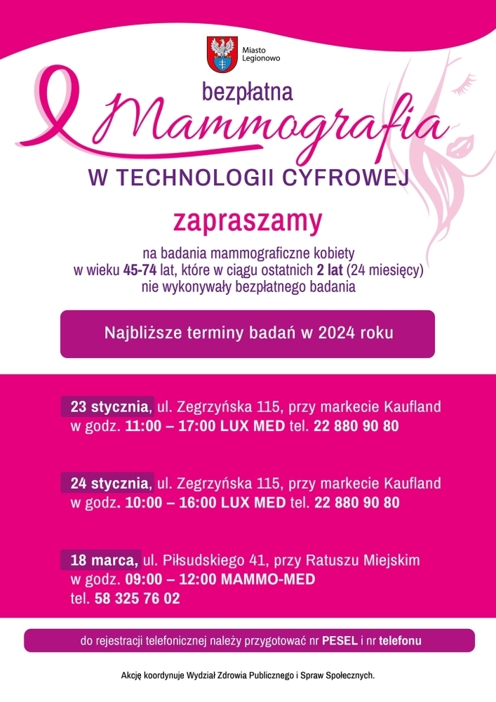 Plakat informujący o terminach badań mammograficznych w Legionowie