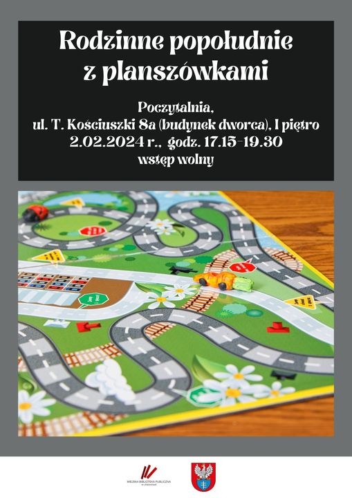 Plakat informujący o rodzinnym popołudniu z planszówkami
