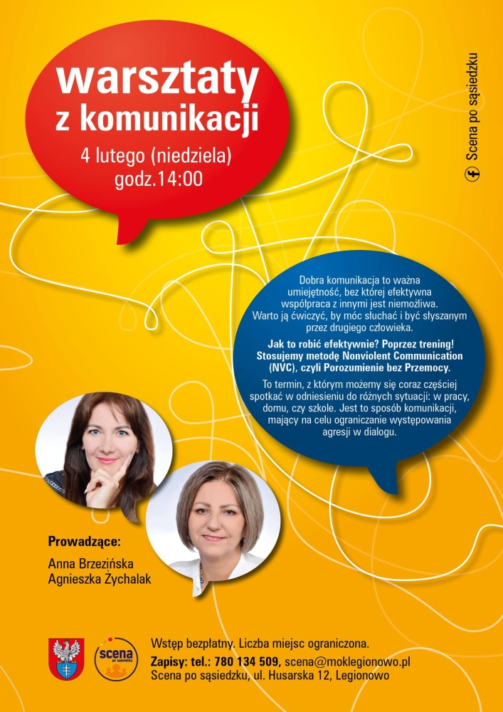Plakat informujący o bezpłatnym warsztacie z komunikacji