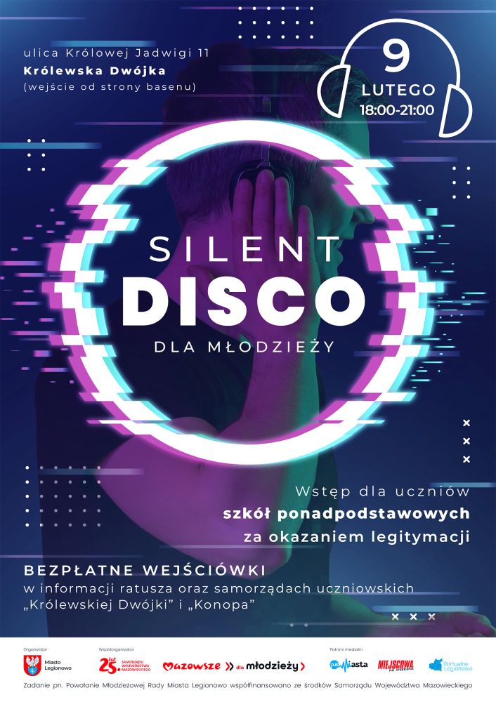 Plakat promujący Silent disco dla młodzieży w Legionowie