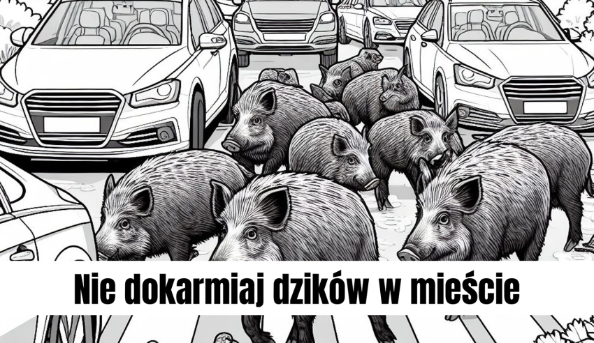 W tle rysunkowe dziki na ulicy; Napis: Nie dokarmiaj dzików w mieście