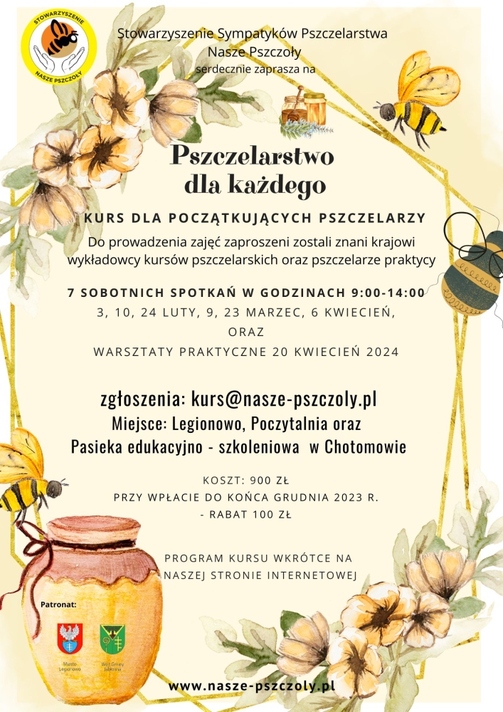 Plakat promujący Kurs pszczelarstwa dla początkujących pszczelarzy