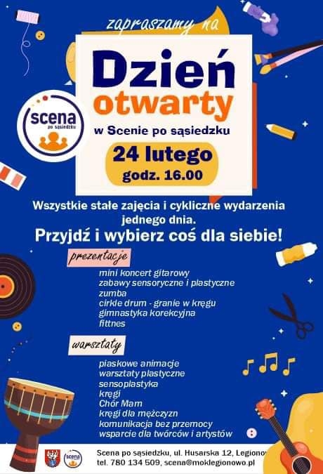 Plakat informujący o dniu otwartym w Scenie po sasiedzku