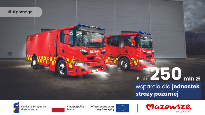 Grafika promująca dofinansowanie na wozy strażackie - #UEpomaga