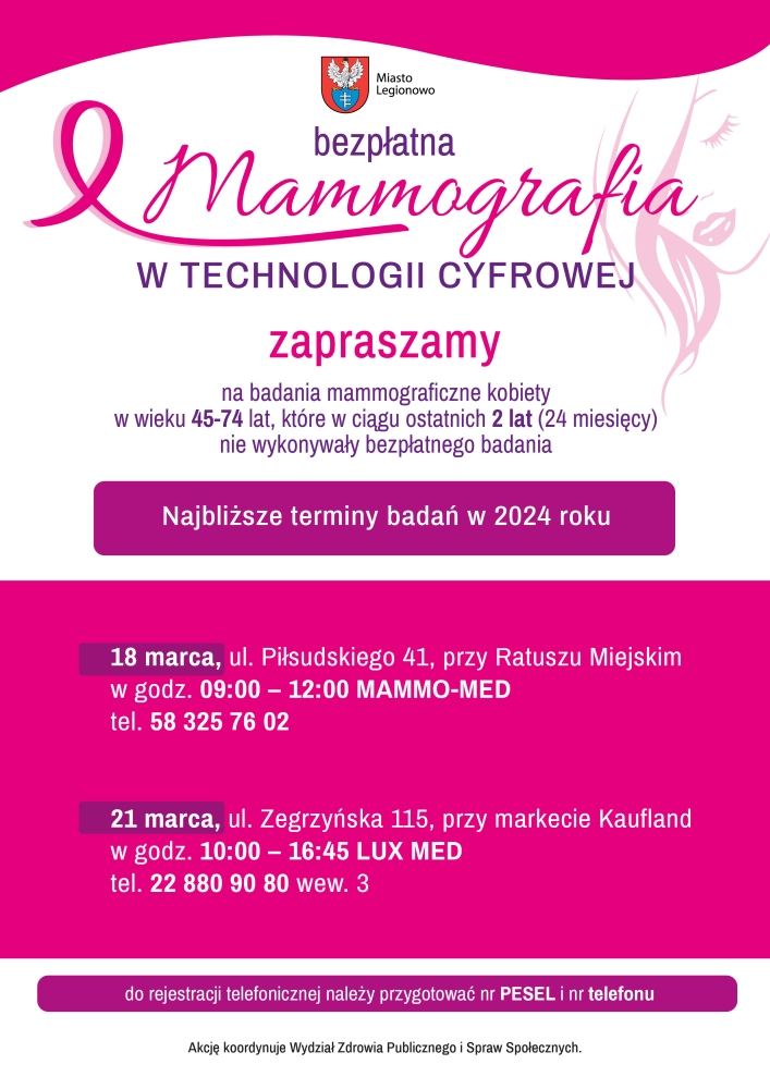 Plakat informujący o terminach badań mammograficznych w Legionowie