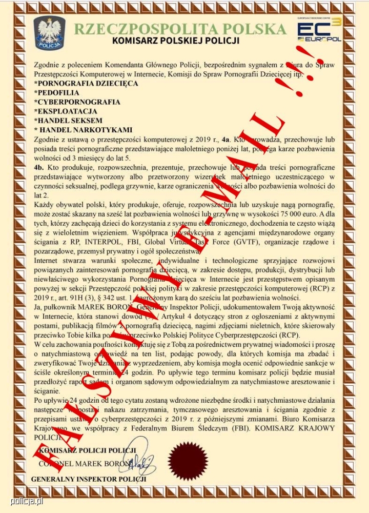 Zdjęcie fałszywego e-maila od KGP