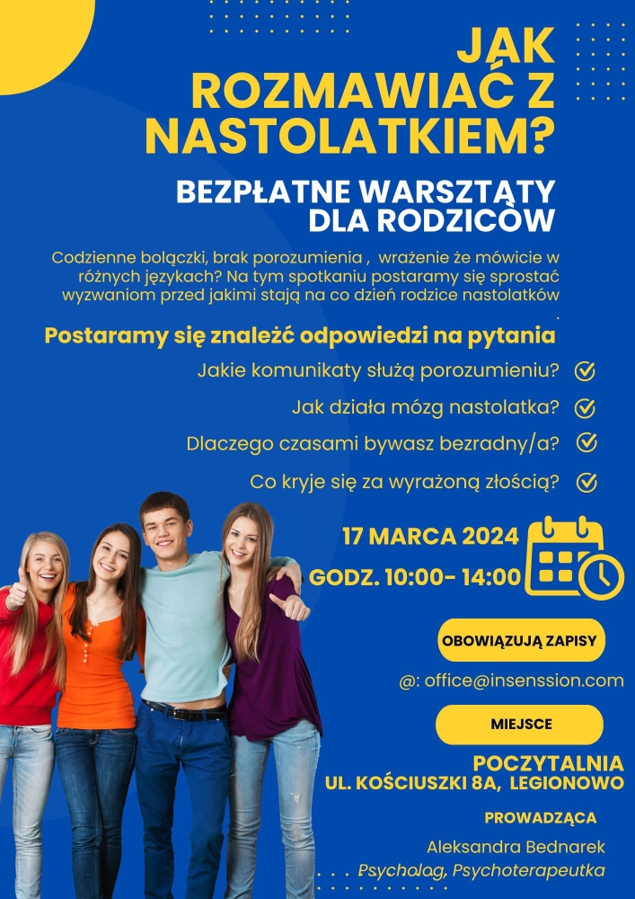 Plakat informujący o bezpłatnych warsztatach dla rodziców
