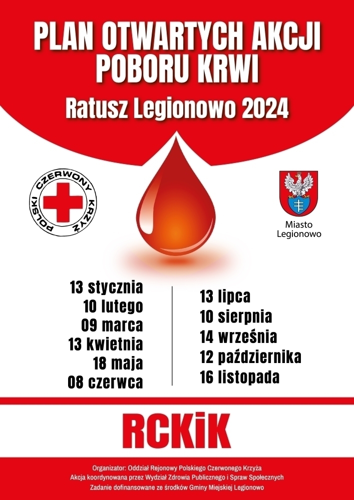 Grafika informująca o poborach krwi w Legionowie