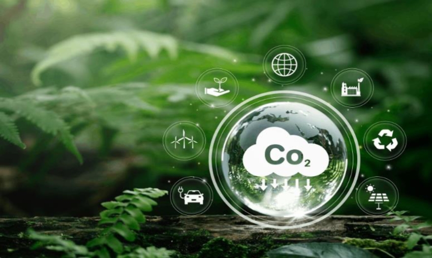 Grafika z chmurką - w niej symbol CO2 - obok różne symbole ekologiczne
