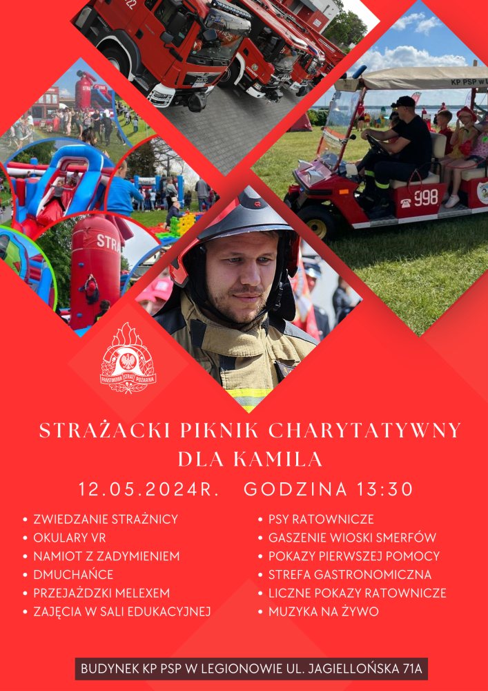 Plakat informujacy o pikniku charytatywnym dla strażaka Kamila