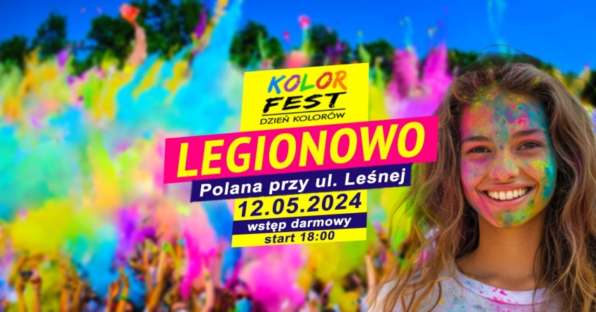 Plakat informujący o Dniu Kolorów Holi w Legionowie