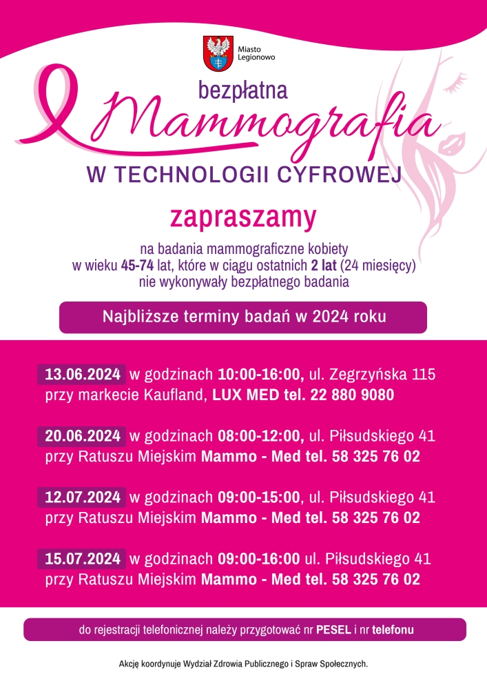 Plakat informujący o terminach badań mammograficznych w Legionowie
