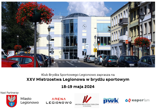 Grafika reklamująca XXV Mistrzostwa Legionowa w brydżu sportowym; budynek dworca