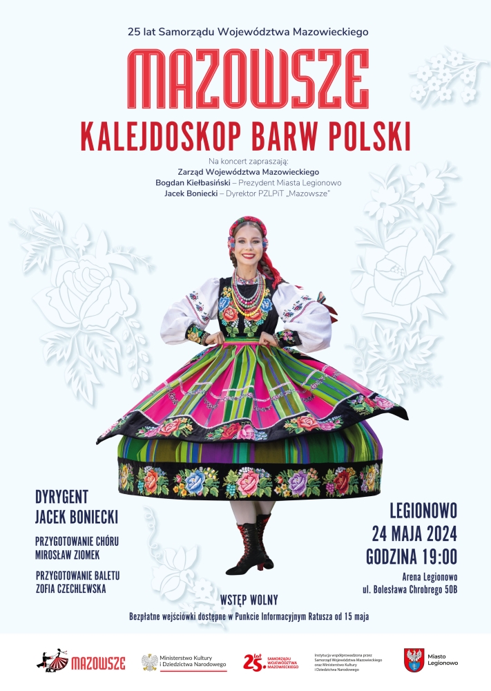 Plakat informujacy o koncercie zespołu Mazowsze w Legionowie