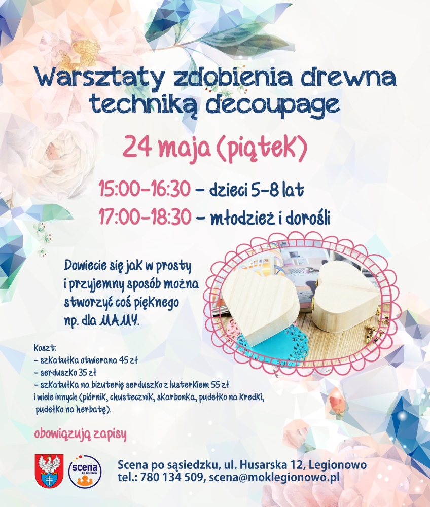 Plakat inforumujacy o warsztatach zdobienia drewna techniką decoupage