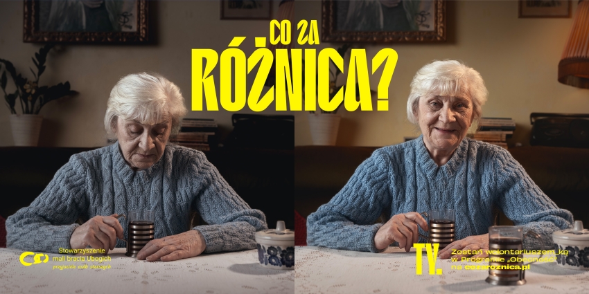 Dwa zdjęcia tej samej starszej kobiety; napis: Co za różnica?
