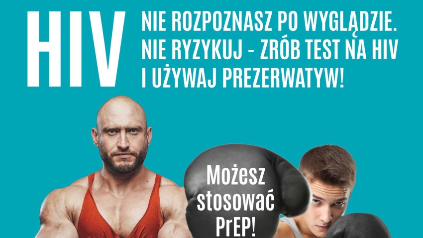 Dwóch mężczyzn; napis: HIV nie rozpoznasz po wyglądzie. Nie ryzykuj - zrób test na HIV i używaj prezerwatyw!