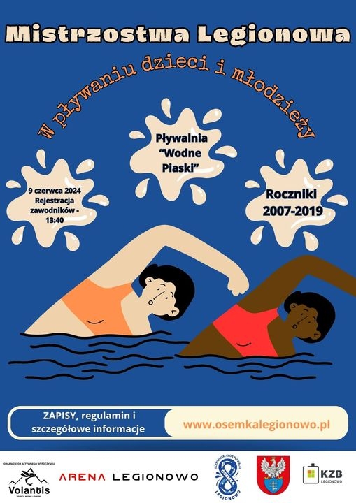 Plakat informujacy o mistrzostwach Legionowa w pływaniu dzieci i młodzieży