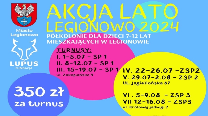 Plakat półkolonii dla dzieci z Legionowa - wakacje 2024
