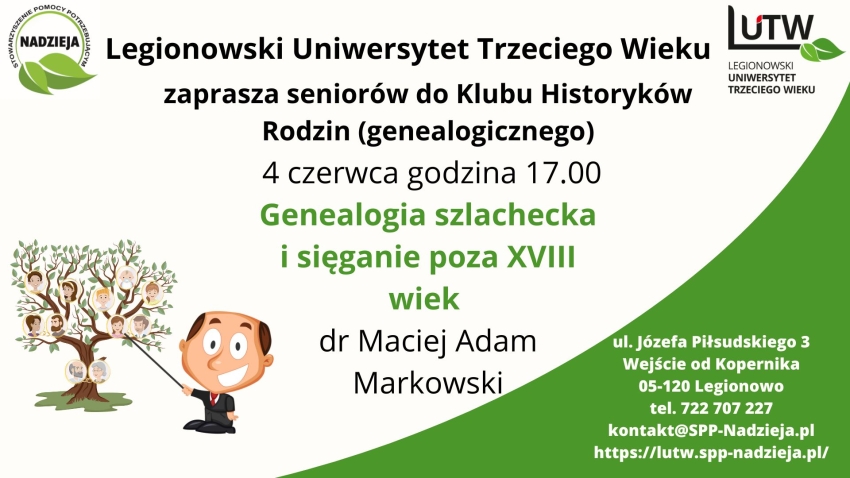 plakat informujący o wykładzie Genealogicznym - Legionowski Klub Historyków Rodzin
