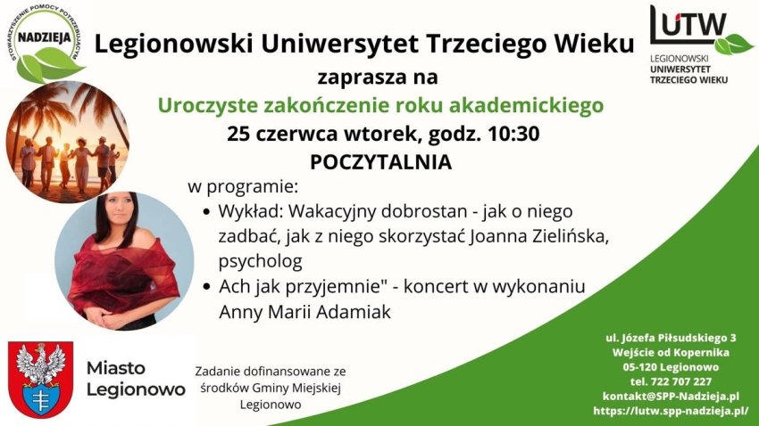 Plakat informujący o zakończeniu roku akademickiego Legionowskiego Uniwersytetu Trzeciego Wieku