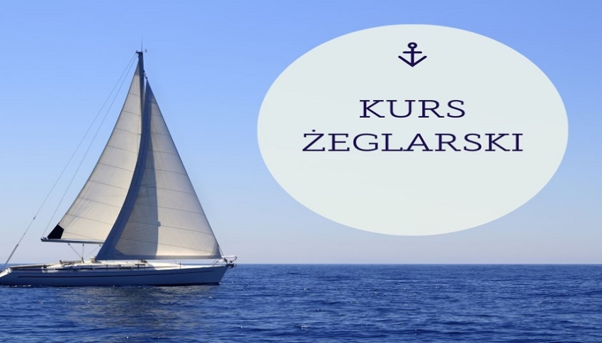 Żaglówka i napis kurs żeglarski
