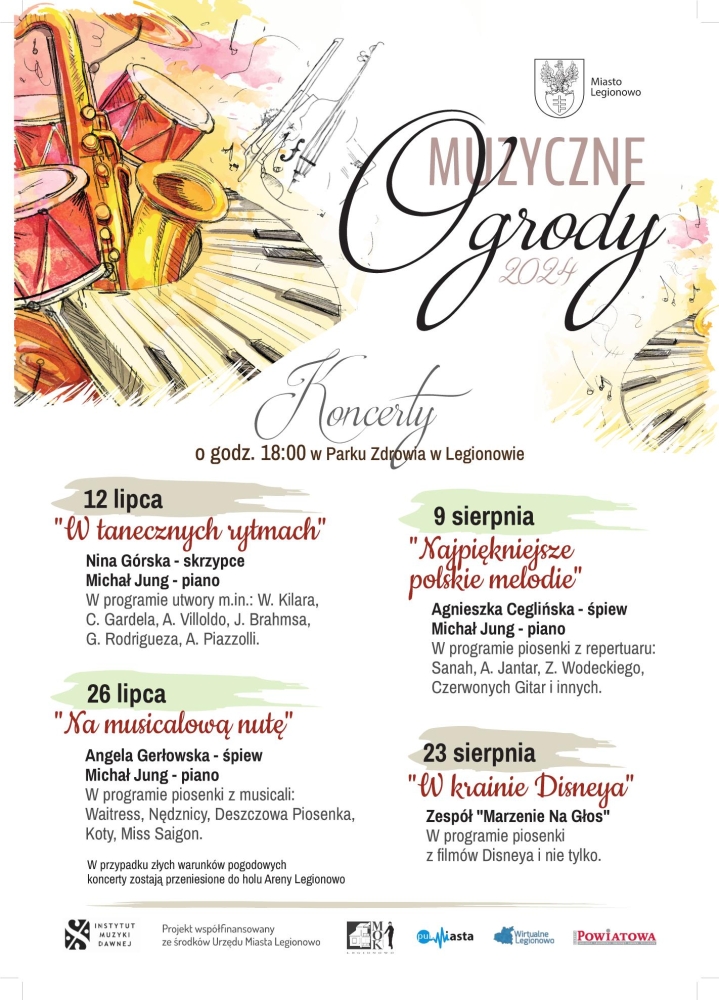 Plakat informujacy o muzycznych ogrodach