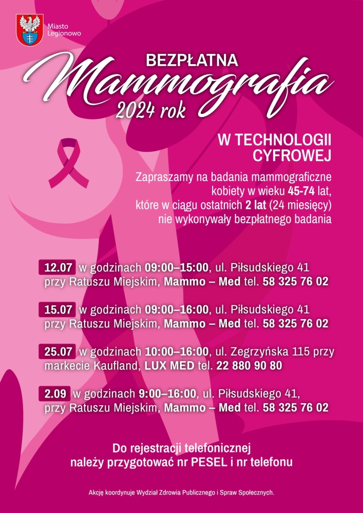 Plakat informujący o terminach badań mammograficznych w Legionowie